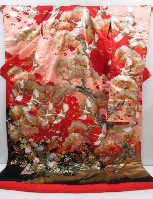 2916T06z3650  Japanese Kimono Silk UCHIKAKE Flying crane Red