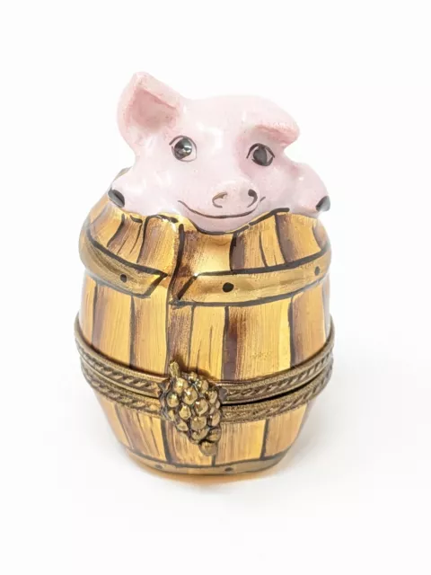 Limoges Porcelain Chamart Pig in Wine Barrel Trinket Box Decor Main Gold Grapes