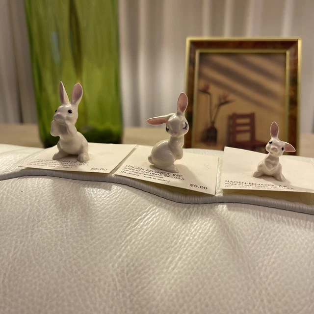 Retired Hagen Renaker Miniature White Rabbit Family of 3 Baby Mom Dad