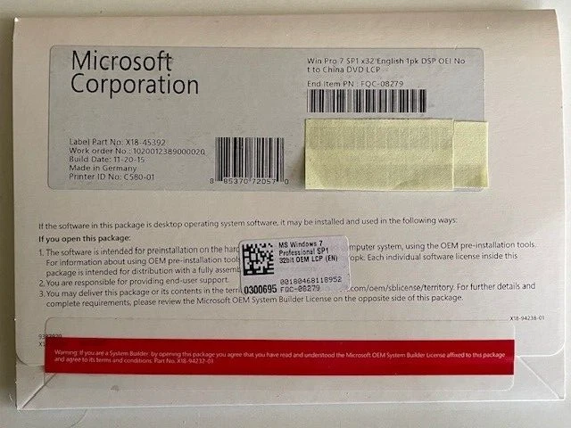 MICROSOFT WINDOWS 7 Professional 32-bit , Service Pack 1 (DVD-Englisch