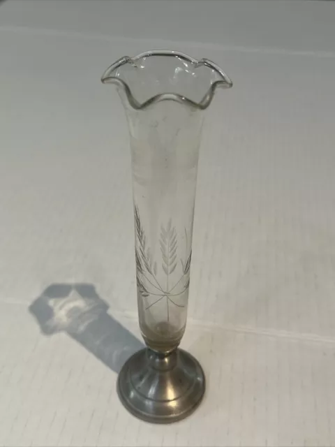 Vintage Etched Glass Bud Vase w/Sterling Pedestal by Web Wheat Motif 7.25" Tall