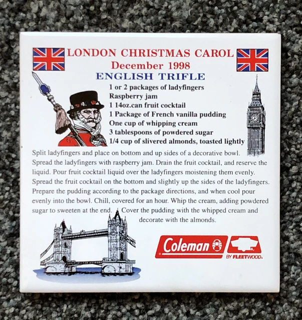 London Christmas Carol December 1998 English Trifle Recipe Ceramic Tile 6 x 6