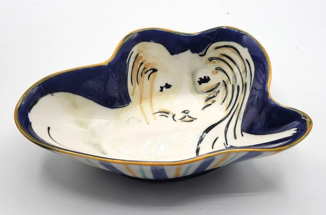 Papillon Puppy Dog Trinket Dish Vintage Whimsical Porcelain Blue White 6"