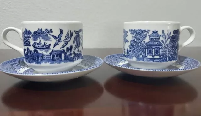 Churchill Blue Willow Coffee Tea Cups and Saucers Made in England Set of 2