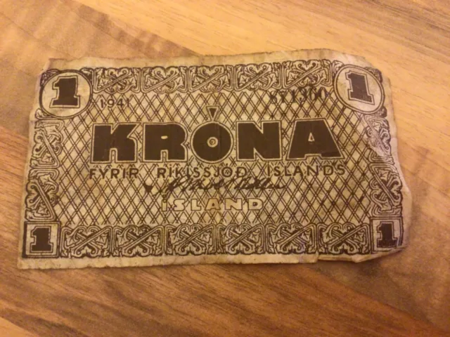 Iceland 1 krona  ban note 1941  WW2 Fyrir Rikissjod Islands No ST1360