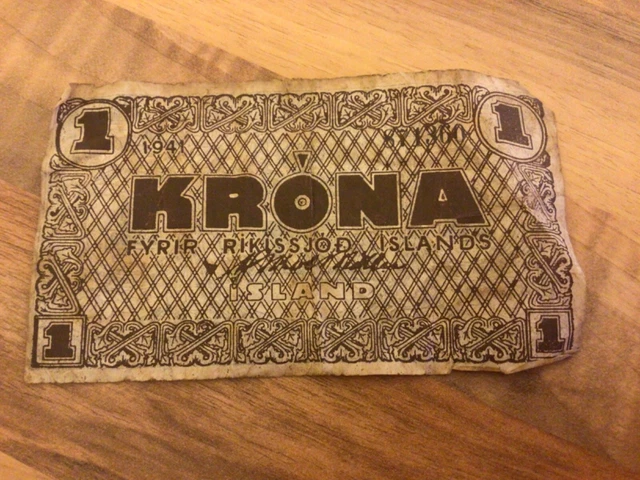 Iceland 1 krona  ban note 1941  WW2 Fyrir Rikissjod Islands No ST1360