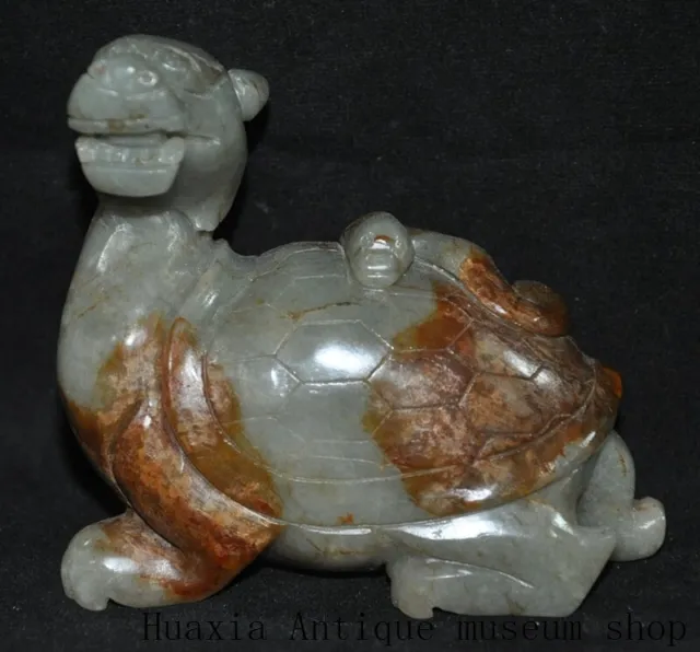 4"Collect exquisite Hetian jade hand-carved fengshui Dragon turtle Statue
