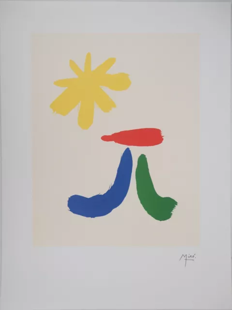 Joan Miro: Figur Surrealistisch und Die Sonne - Lithografie Unterzeichnet