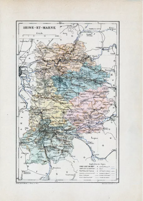 77 Seine-et-Marne carte atlas orig. 1891 Melun Provins Meaux Coulommiers Rozoy