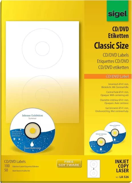 SIGEL CD/DVD-Etiketten 100 Stk. bedruckbar weiß blickdicht 50 NEU