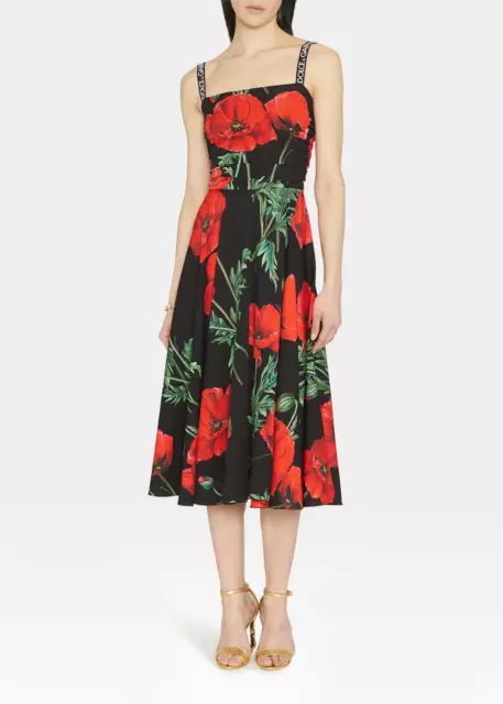 $2,695 Dolce & Gabbana Floral-Print  Silk Charmeuse Midi Dress Size 6 IT 44