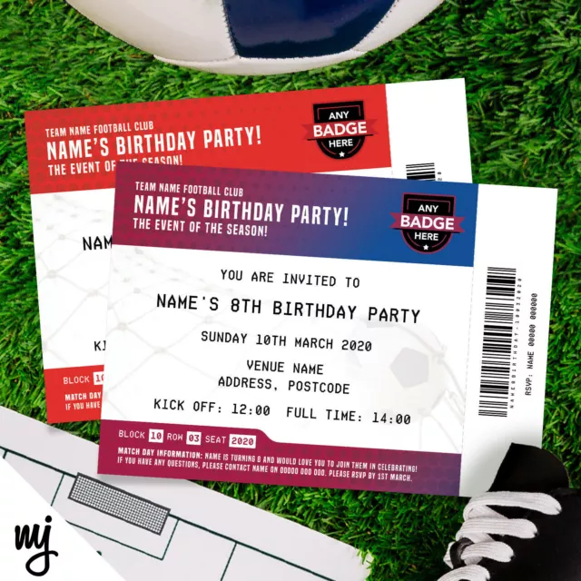 PERSONALISED FOOTBALL TICKET Style Party Invitations Any Team! Kids