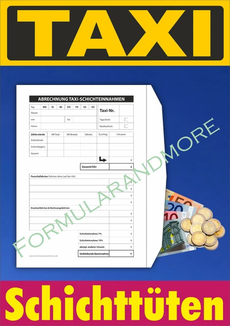 TAXI Schichttüte Bargeldabrechung Taxi Abrechung Tüte Umschlag NEU B6