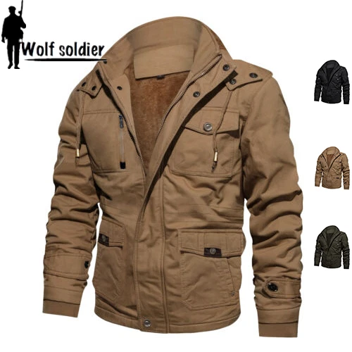 Men Winter Thermal Fleece Jacket Cargo Multi Pockets Jackets Casual Cotton Coats