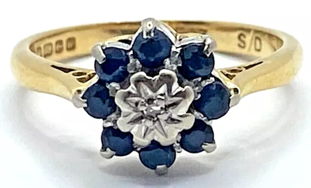 18ct Gold Ring with Sapphire Diamond Cluster UK ring Size J - 18ct Yellow gold