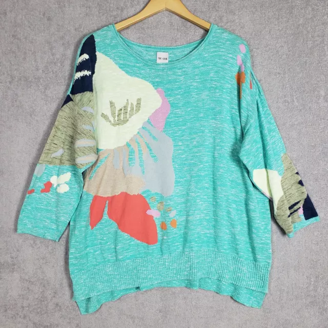 Nic+Zoe Sweater 2XL Petal Burst Womens Green Floral Knit Cotton Linen Blend