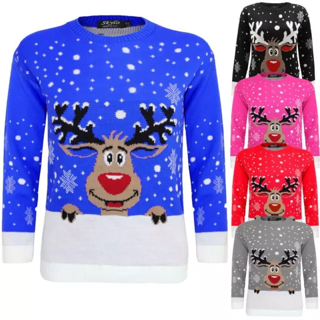 Kids Girl Boy Knitted Reindeer Christmas Rudolf Xmas Novelty Jumper Sweater Top