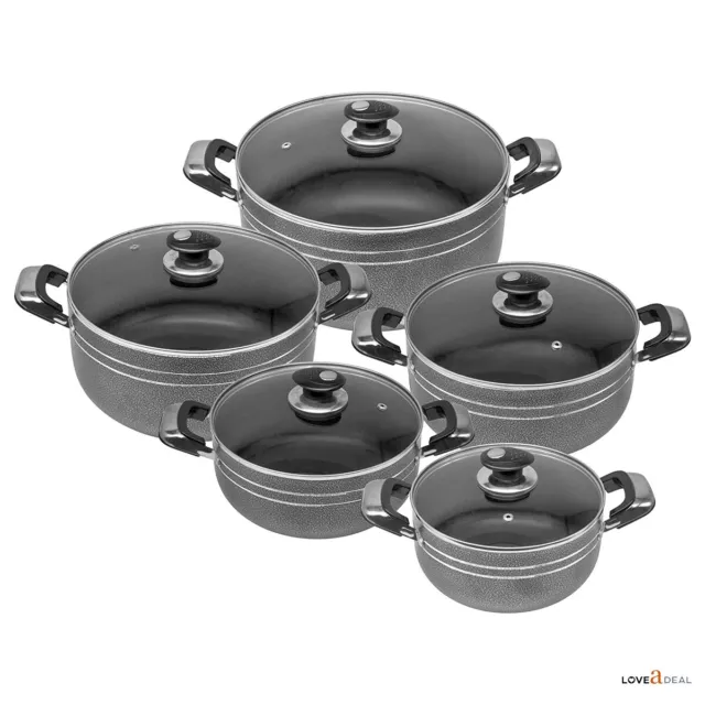 5PC Una Non-Stick Aluminium Wok Induction Base Cooking Pot Cookware Glass Lid