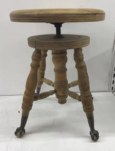 antique SOLID RAW WOOD PIANO STOOL w/METAL CLAW & GLASS BALL FEET wooden VINTAGE