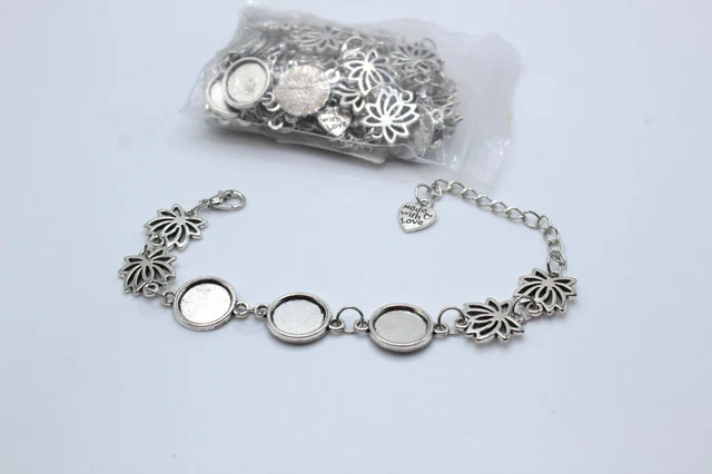 10 BRAZALETE DE METAL PLATEADO En blanco Forma 3 Almohadillas redondas 15mm (aproximadamente 5/8") Eslabones de cadena