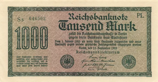 Reichsbanknote 1000 Mark 1922  DEU-84g  Kassenfrisch / UNC