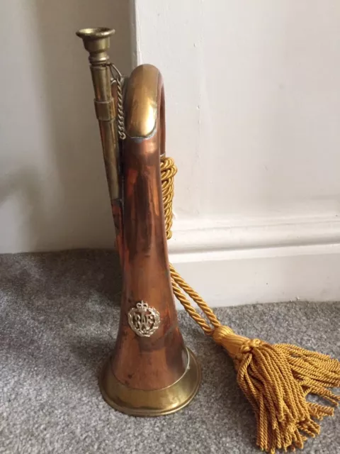 Vintage Copper and Brass RAF Bugle with mouthpiece and tassels.