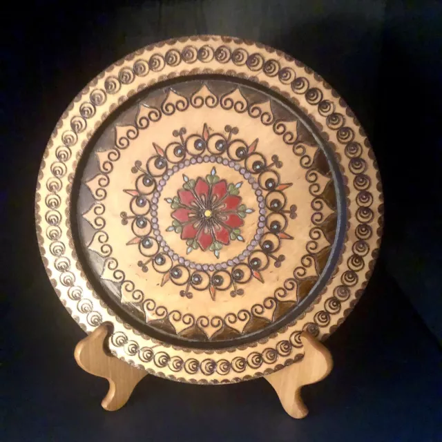 Vintage Wood Hand Carved Mandala Decorative Plate Folk Art 11” Pyrography Boho