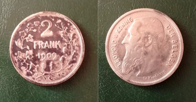 Belgique, 2 Frank Leopold II, 1909 argent