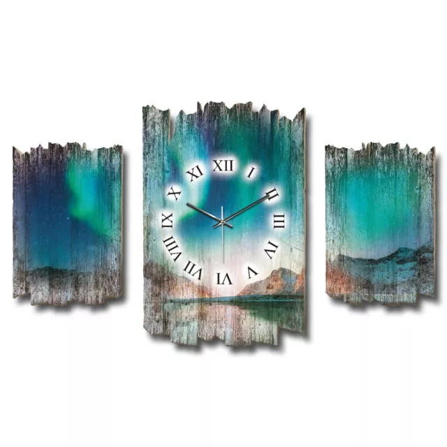 Polarlicht Nordlichter Shabby Landhaus Dreiteilige Designer Wanduhr leise Funk 2