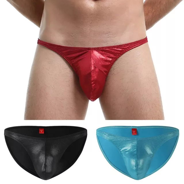 US Men Wet Look PVC Leather Briefs Drawstring Low Rise Underpants Thong  Clubwear
