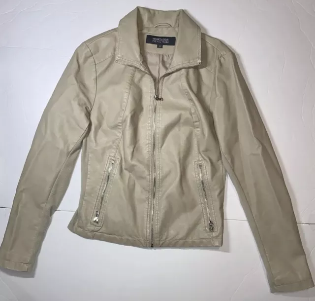 Kenneth Cole Reaction Jacket Size Small S Beige Faux Soft Leather Moto Full Zip