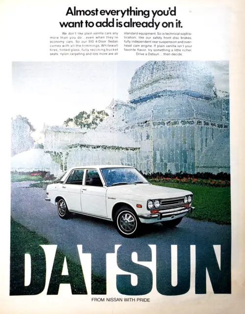 Vtg Print Ad 1971 Datsun 510 4 Door Sedan From Nissan w Pride White 10.5x13