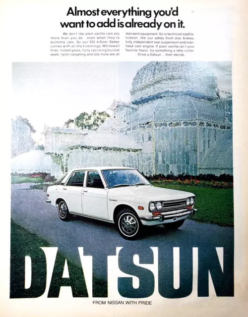 Vtg Print Ad 1971 Datsun 510 4 Door Sedan From Nissan w Pride White 10.5x13