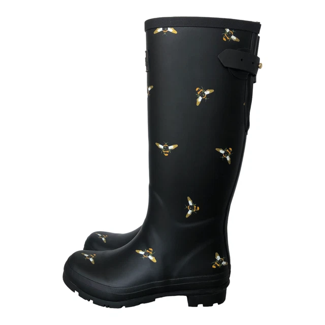 Joules Ladies Rubber Welly Print Rain Boots Black Metallic Bumble Bees Size 6