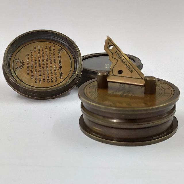Antique Brown Finish Brass Vintage Sundial Lid Compass Nautical Gift Item