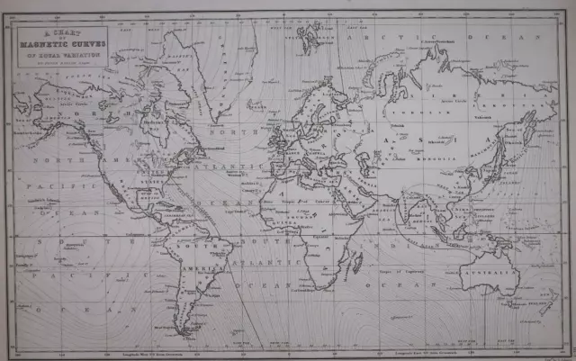 1847 Black's Atlas Map ~ MAGNETIC CURVES of the WORLD ~ FreeS&H   Inv#209