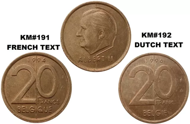 Belgium 20 Francs/Frank  KM#191/192 french/dutch Albert II (25) CHOOSE YOUR DATE