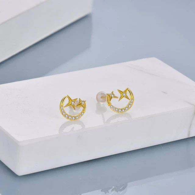 Sterling Silver Crecent Moon and Stars Zirconia Earrings Women Stud Jewelry Gold