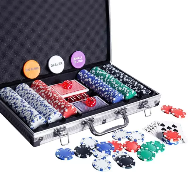 300PCS Poker Chip Set with Aluminum Case 11.5 Gram Chips Texas Holdem Blackjack
