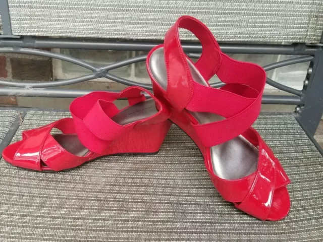 PREDICTIONS {Size 9.5} Red Wedge Slip On Elastic Ankle Strap Sandal Shoes