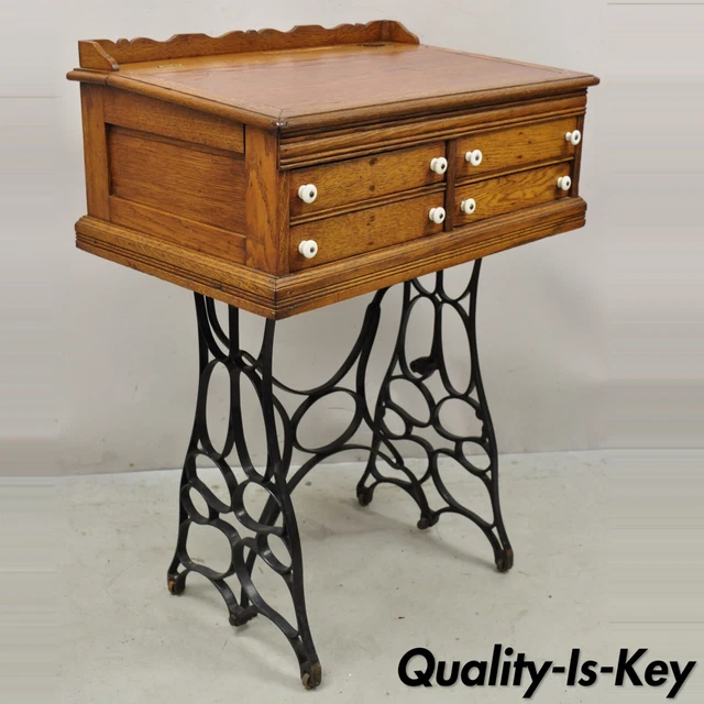 Antique J&P Coats Oak Wood 4 Drawer Sewing Spool Cabinet Desk w/ Cast Iron Base