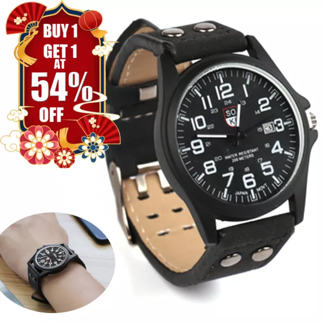 Mens Military Leather Date Quartz Analog Army Casual Dress Wrist  Watches Unisex