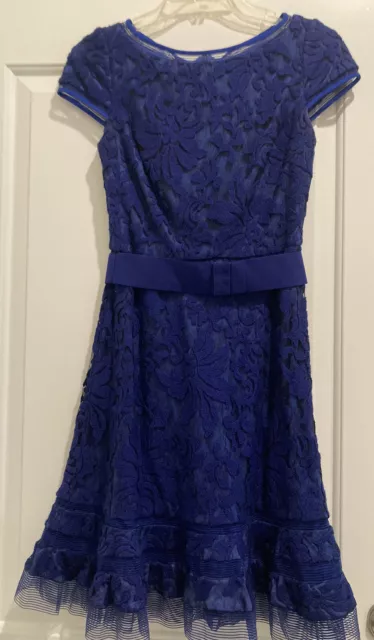 TADASHI SHOJI Dress Lace Overlay Cap Sleeve Blue 6P Fit & Flare Evening Cocktail