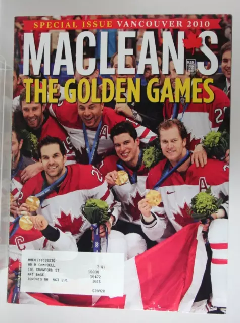 Maclean's Magazine March 15 2010 Sidney Crosby Hockey Gold Olympics Vancouver