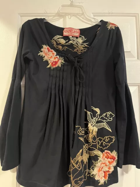 Johnny Was LA JWLA Long Sleeve Black Embroidered Floral Tunic, Size S