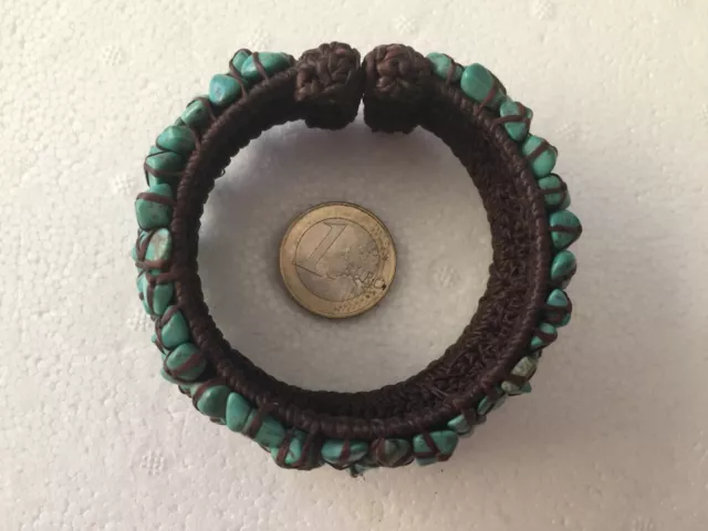 Superbe Bracelet Large/Semi Rigide/ Pepites De Turquoises/ Tissage En Copal/1970
