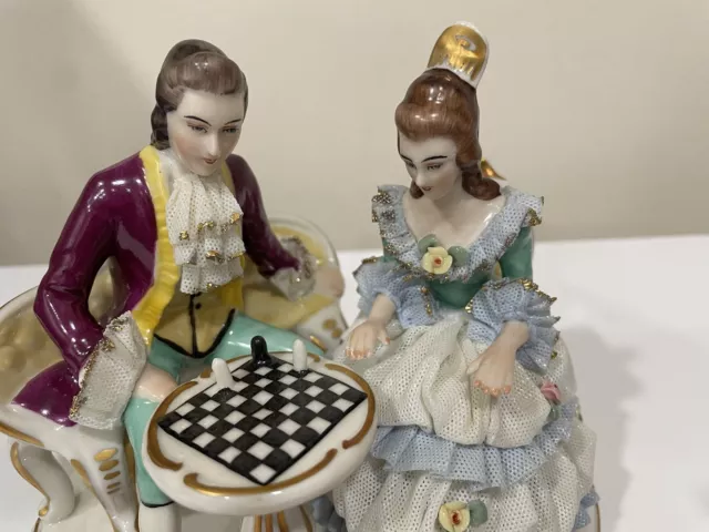 Frankenthal Dresden,Lace, Porcelain Couple Playing Chess Figurine Germany READ.