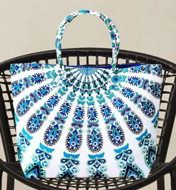 Blue White Women Purse Tote Cotton Hand Bags, Boho Hobo Bags Hippie Shopping Bag