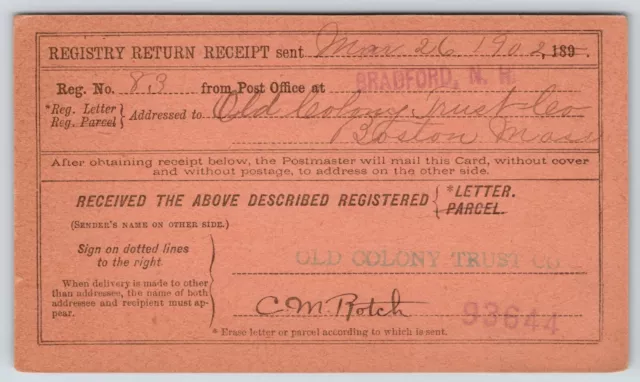 BOSTON MA~BRADFORD NH~REGISTERED Mail~Old Colony Trust~CM Rotch~Wm Carr ...