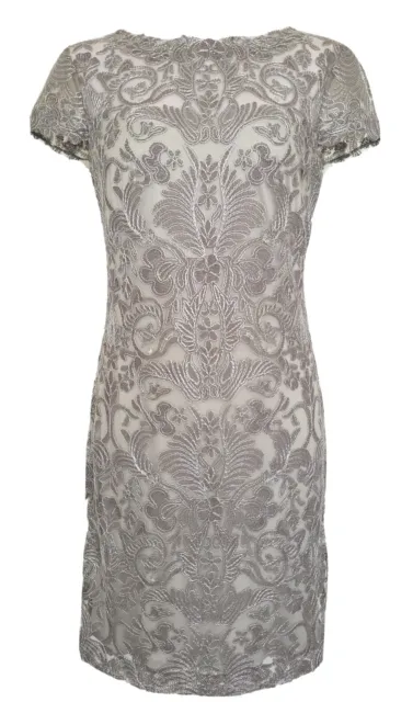 Tadashi Shoji Corded Embroidered Gray Silver Lace Dress Size 6 Wedding Party H7